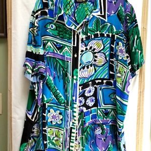 Bob Mackie button down 100% silk shirt 1X plus,colorful tropical wearable art